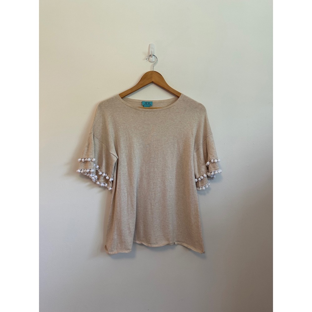 Two Bees Cashmere Oatmeal Beige Pom Pom Short Sleeve Sweater | Size Medium